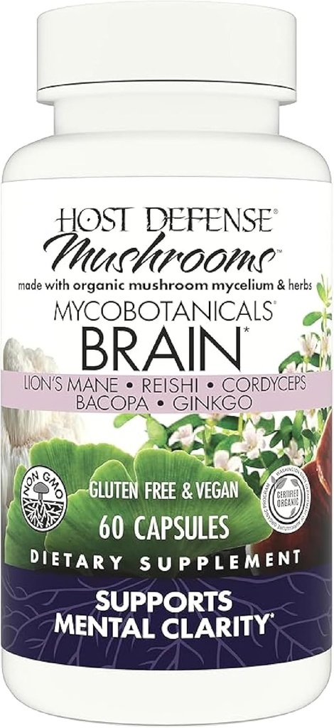 Værtsforsvar MycoBotanicals Brain * Kapsler - Brain Support Supplement med løvens Mane, Reishi & Cordyceps Mushroom - Urtetilskud til hukommelse og fokus - 60 Kapsler (30 Servere) *