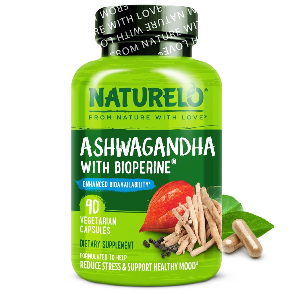 NATURELO Ashwagandha Organic Root Powder - Naturlige urter supplement til træthed, Stress Relief, Mood Enhancer - med sort peber ekstrakt - 90 Veganske kapsler