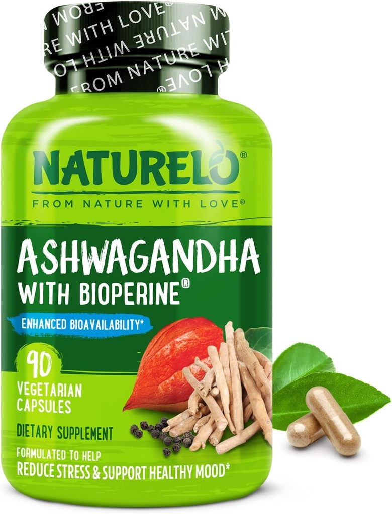 NATURELO Ashwagandha Organic Root Powder - Naturlige urter supplement til træthed, Stress Relief, Mood Enhancer - med sort peber ekstrakt - 90 Veganske kapsler