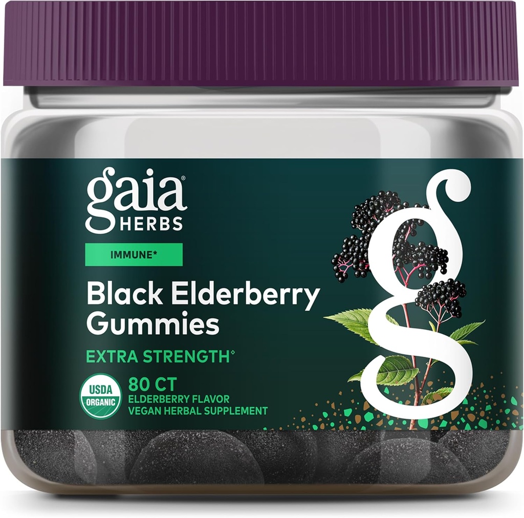 Gaia Urter Black Elderberry (Sambucus Nigra) Ekstra styrke Gummies - Lækker immunforsvar supplement - Lavet med Certified Organic Black Elderberries til immunsystemet support - 80 Gummies