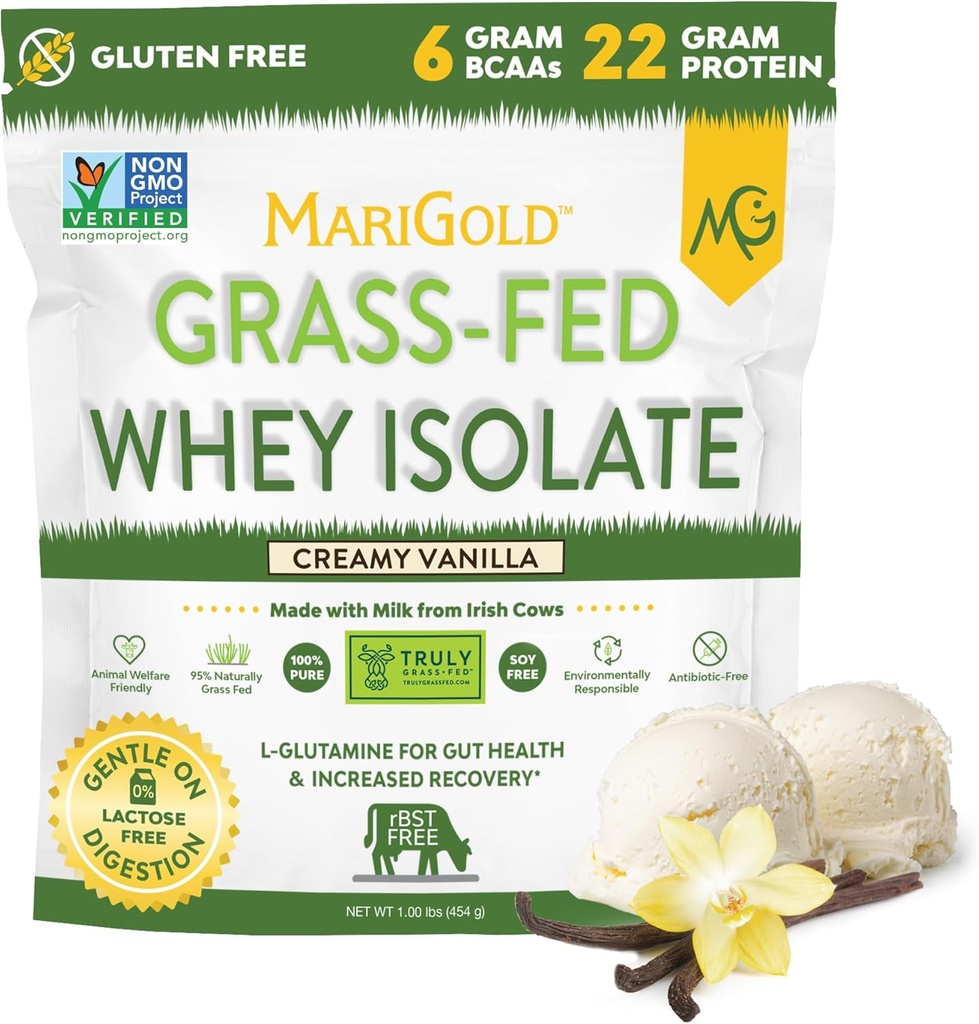 MariGold Grass- fodret Whey Protein Isolate Powder - Creamy Vanilla Flavor - 1 Lb Bag Б124; 100% Pure, Cold- Forarbejdede, Micro- Filtreret, Ikke-denatureret, Non- GMO, rBGH Free, Soy Free, Gluten Free, Lactose Free