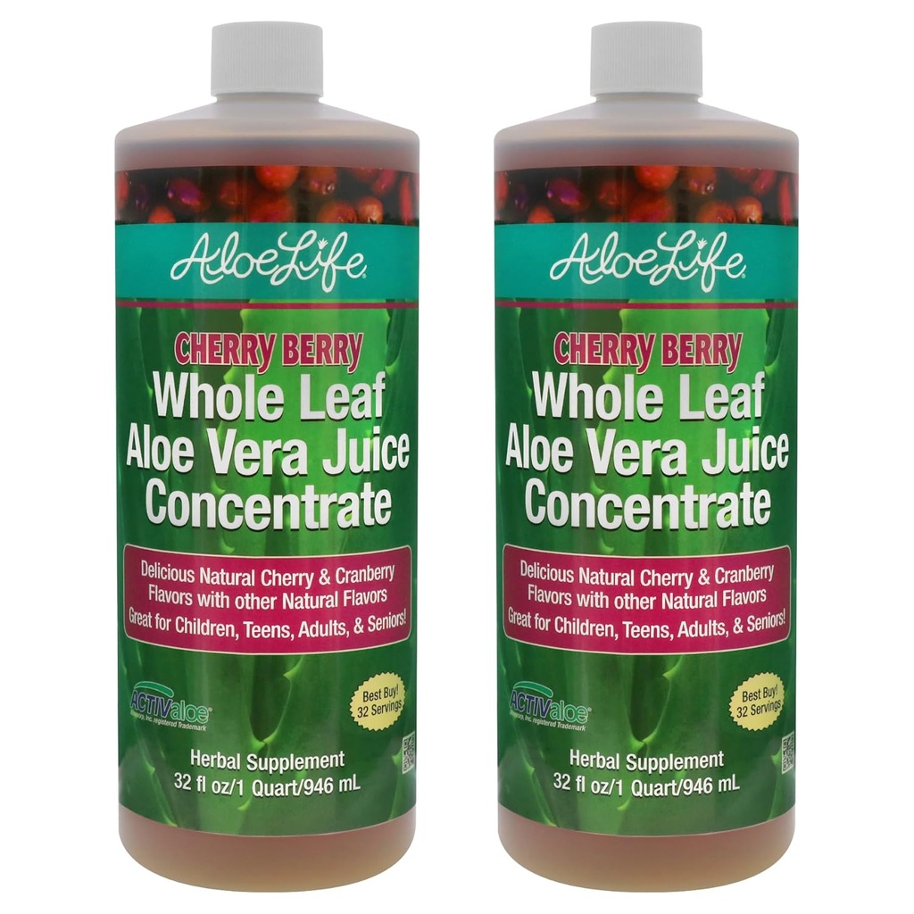 Aloe Life - Whole Leaf Aloe Vera Juice, Organic, Gluten-Free (Cherry Berry, 32 oz) | 2-Pack