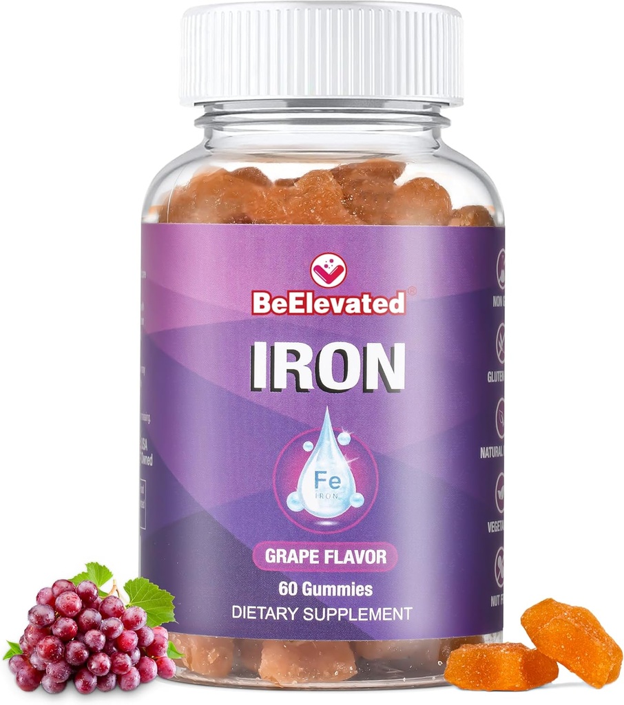 Iron Gummy Vitamin - Gluten Gratis Kosttilskud til Jern Mangel for voksne & Børn - Peanut Free Gummies Supplement - Grape Flavor Chewable Vitaminer for kvinder & mænd - 60 Tæl