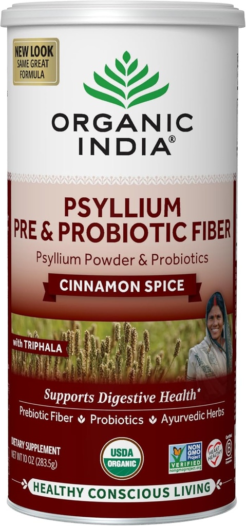 ORGANISK INDIA Psyllium Husk Pulver - Pre & Probiotic Fiber Supplement, Organic Psyllium Husk Fiber Supplement med hel Psyllium Husk, USDA Certificeret Organic, Vegan, Gluten Free - Kanel, 10 Oz