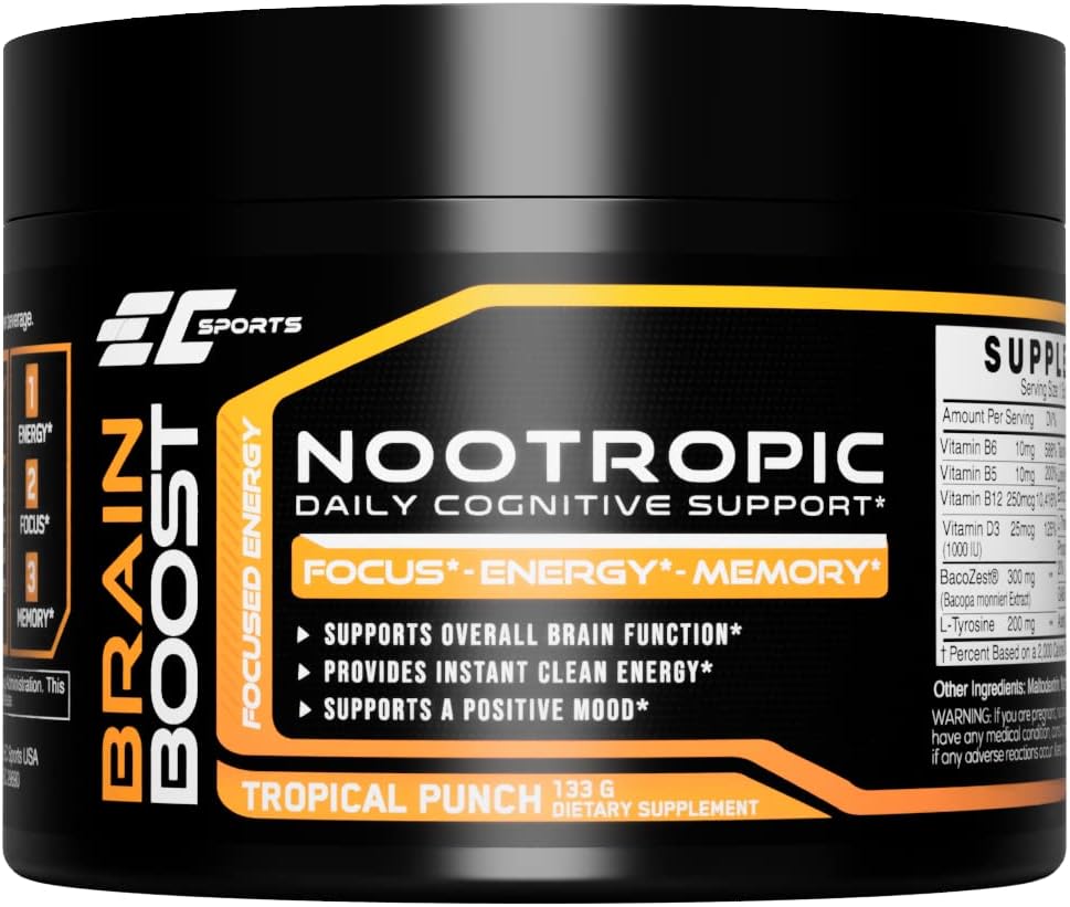 EC Sports Brain Boost Tropical Punch Nootropic Supplement for Focus, Faster Processing, Instant Energy & Performance w/ 18 Nootropics - 30 Servings