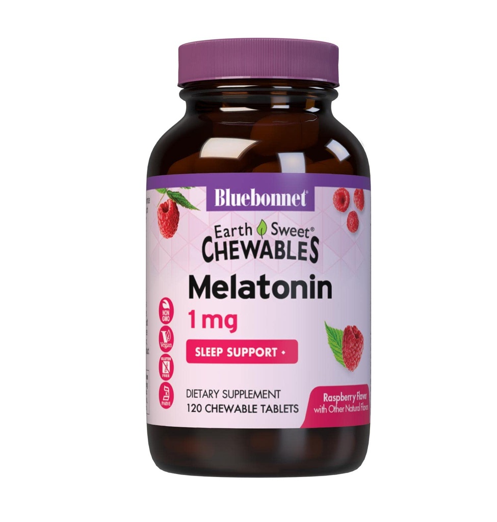 Bluebonnet Nutrition EarthSweet Melatonin 1 mg Fast- Actioning Quick Opløs Nighttime Afslapning & Restable Sleep Support - Sleep Aid - Gluten- Free, Vegan - Raspberry Flavor - 120 tyggetabletter