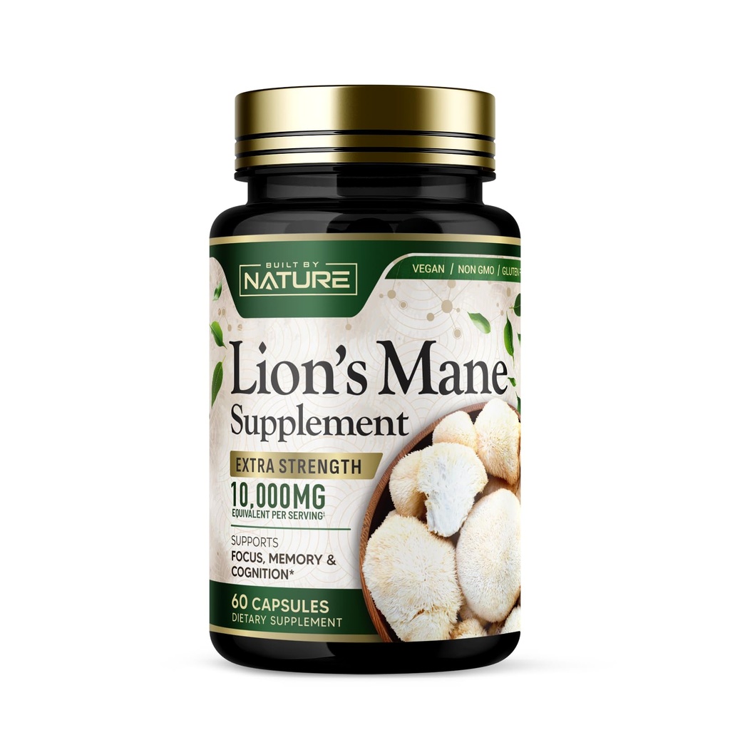 Built by Nature Lion’s Mane – Extra Strength Mushroom Supplement for Nootropic Brain Support – Focus, Memory and Cognitive Function – Non-GMO, Gluten-Free, Vegan - 60 Capsules