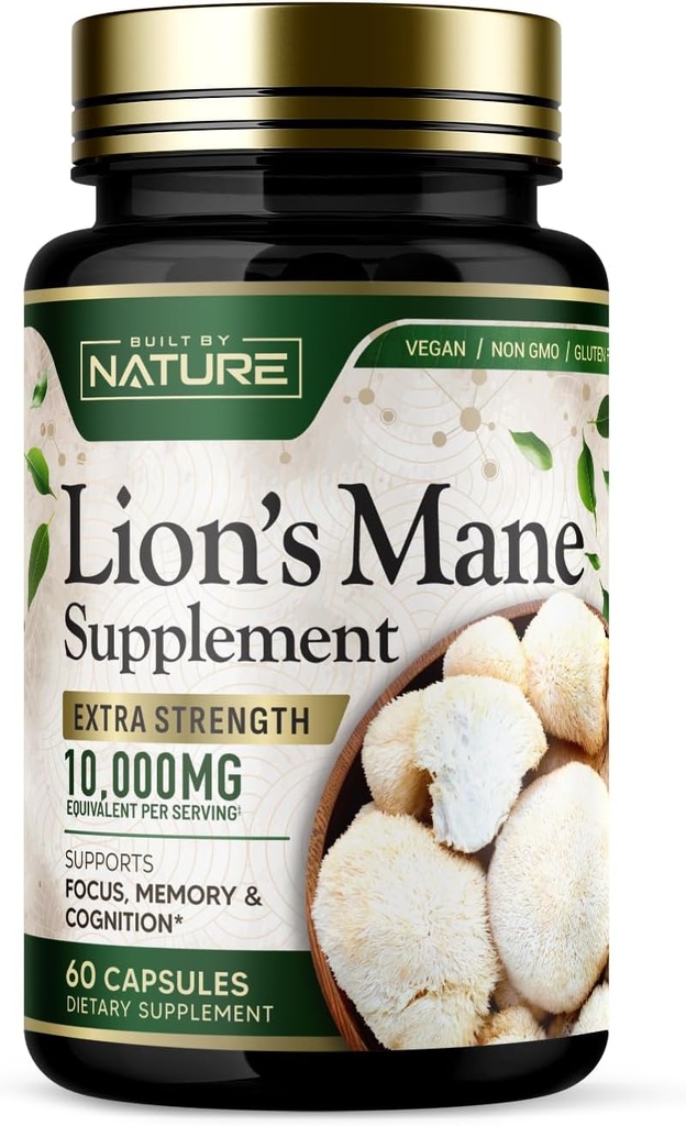 Bygget af Nature Lions Mane 10,000mg - Ekstra styrke Mushroom supplement til Nootrop Brain Support - Fokus, Hukommelse og Kognitiv funktion - Non-GMO, Gluten- Free, Vegan - 60 Kapsler