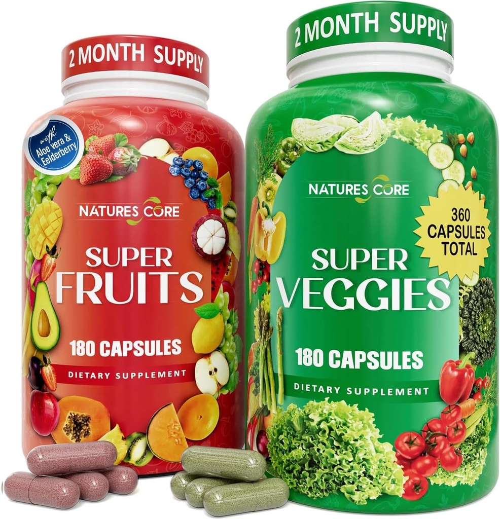 Naturens Core Fruit and Veggie Supplement - 360 kapsler -100% Hel Super Fruit og Super Vegetabilske Kosttilskud & Vitamin, Lavet i USA, Soy Free, Vegan- (180 Count Pack af 2)
