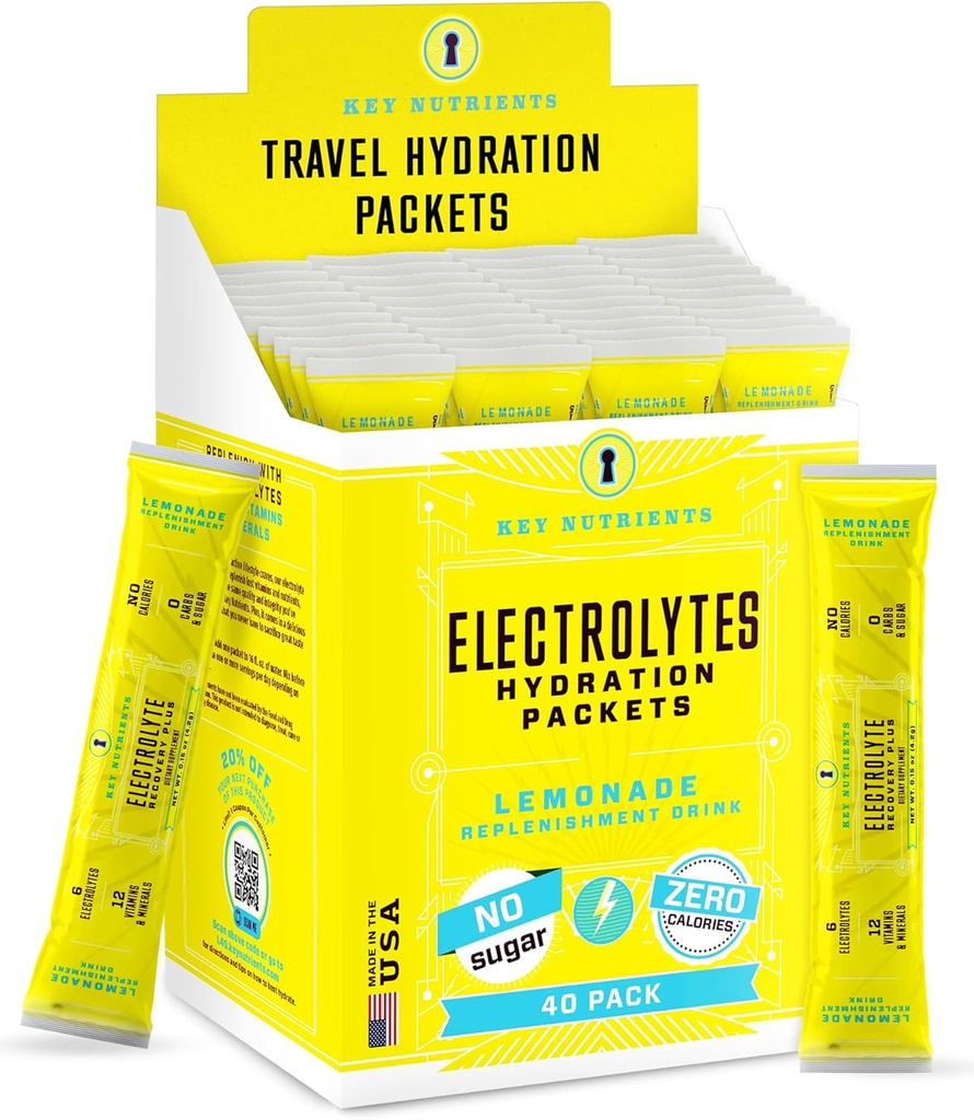 KEY NUTRIENTS Multivitamin Electrolytes Hydration Packets - Refreshing Lemonade Post Workout and Recovery 40 Pack - No Sugar, No Calories - Travel Hydration Powder