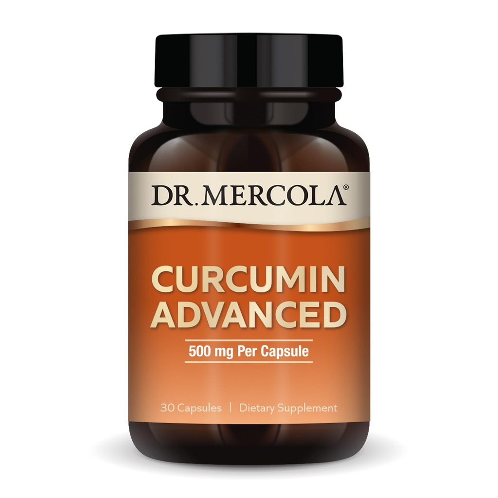 Dr. Mercola Curcumin Advanced - 500 mg Curcumin Root Extract - 95% Curcuminoids - For Vision Health, fordøjelse & fokus - Vedvarende udgivelse - Non- GMO, Gluten- Free & Soy- Free - 30 kapsler (30 Servere)