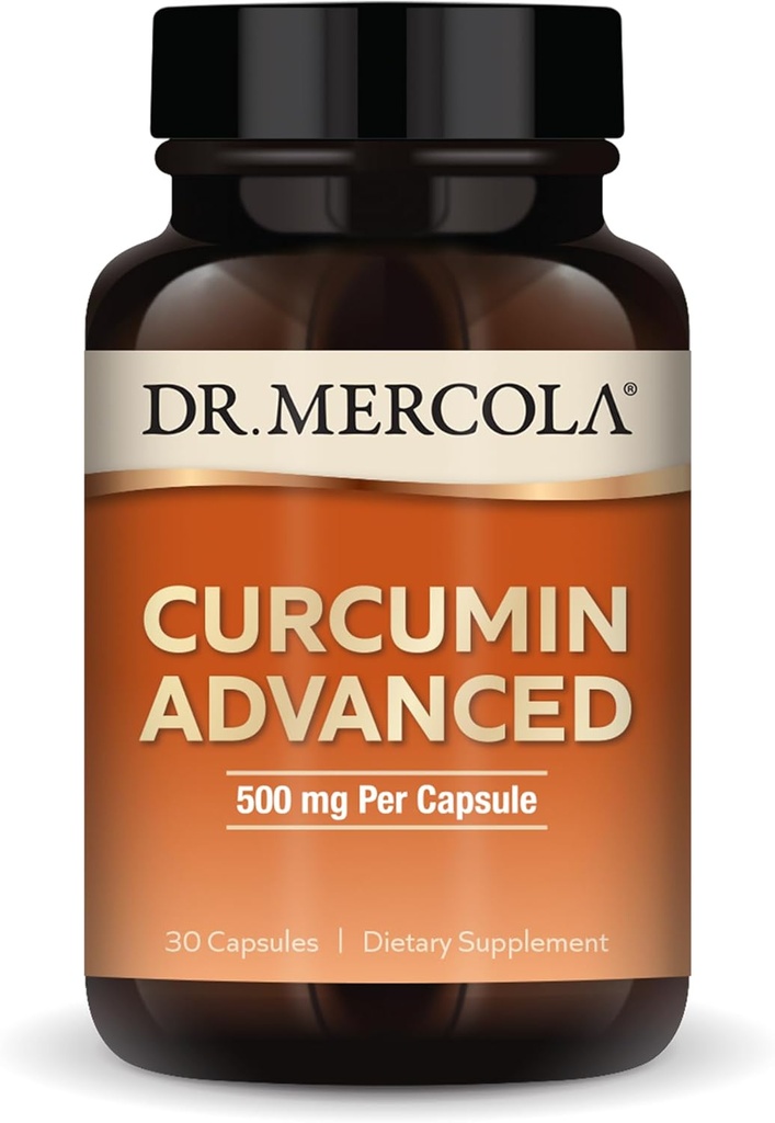 Dr. Mercola Curcumin Advanced - 500 mg Curcumin Root Extract - 95% Curcuminoids - For Vision Health, fordøjelse & fokus - Vedvarende udgivelse - Non- GMO, Gluten- Free & Soy- Free - 30 kapsler (30 Servere)