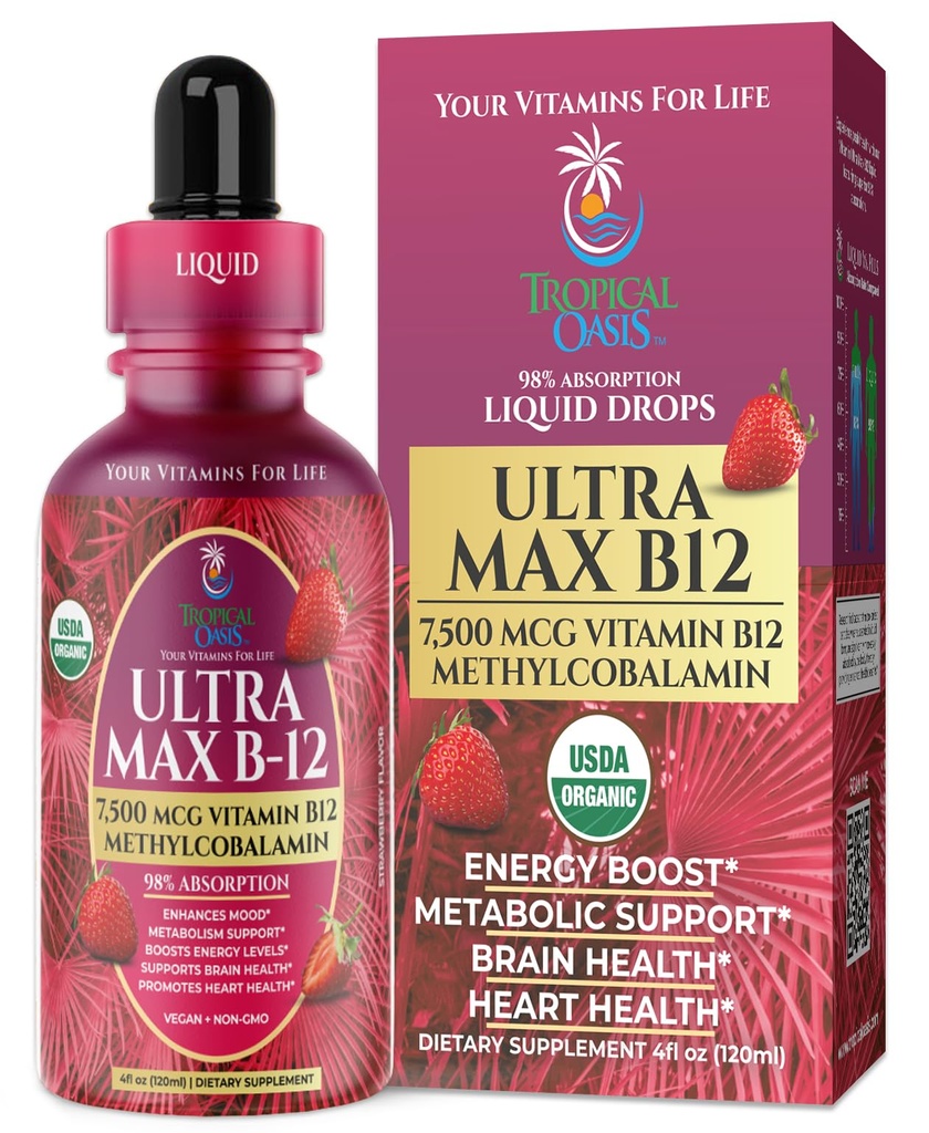 USDA Organic Ultra Max B12; Superdose 7500mcg Vitamin B12 Flydende Dryps