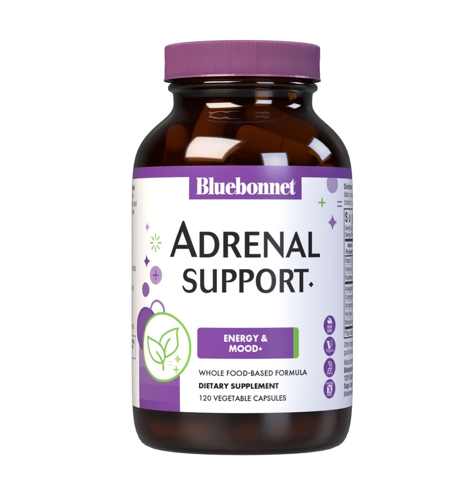 Bluebonnet Nutrition Adrenal Support, Energy & Mood *, Non- GMO, Vegan, Kosher Certified, Gluten- Free, Soy- Free, Dairy- Free, 120 Vegetabilske kapsler, 60 Servere