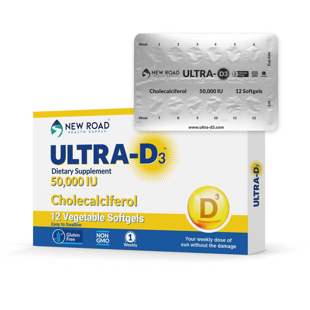 New Road Health Supply, High- Potency Vitamin D3 50.000 IE, Once- Weekly Softgel, Suppports Bone, Tænder og immunforsvar, Easy- to- Swallow, Gluten- Free, 12 Greve