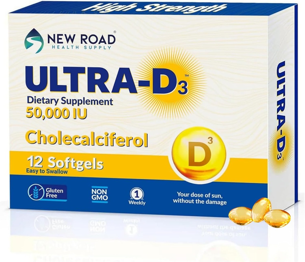 New Road Health Supply, High- Potency Vitamin D3 50.000 IE, Once- Weekly Softgel, Suppports Bone, Tænder og immunforsvar, Easy- to- Swallow, Gluten- Free, 12 Greve