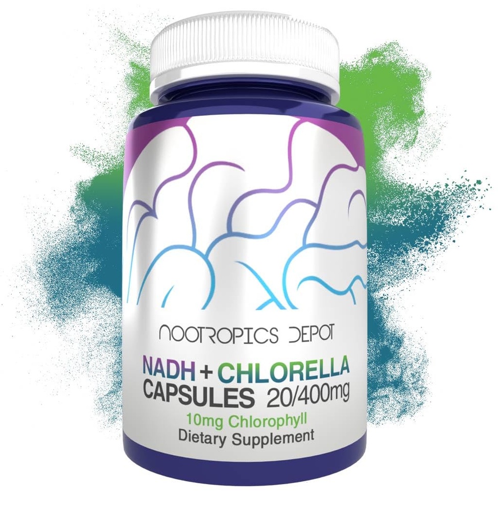 Nootropics Depot NADH + Chlorella vulgaris (Broken Cell) 400mg Kapsler: 124; Nicotinamid Adenine Dinucleotid: 20mg • 124; Chlorophyll: 10mg • 124; Energi, Alerness, Mental Clarity & Sund Aging, 30 Tæl