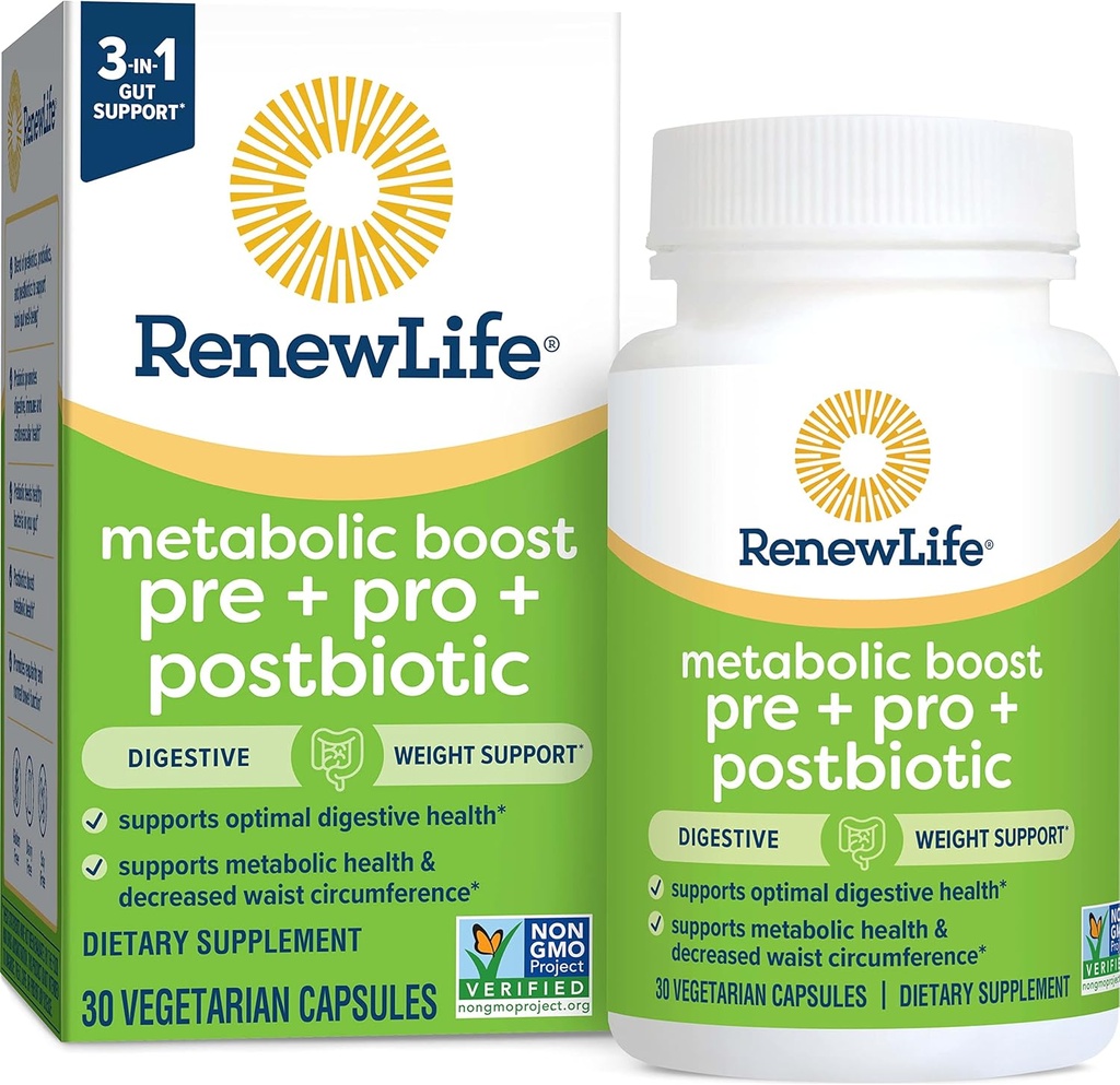 Renew Life Metabolic Boost Pre + Pro + Postbiotic; Prebiotika, Probiotika og Postbiotika Support Optimal fordøjelsessundhed og metaboliske sundhed; 30 Vegetariske kapsler *