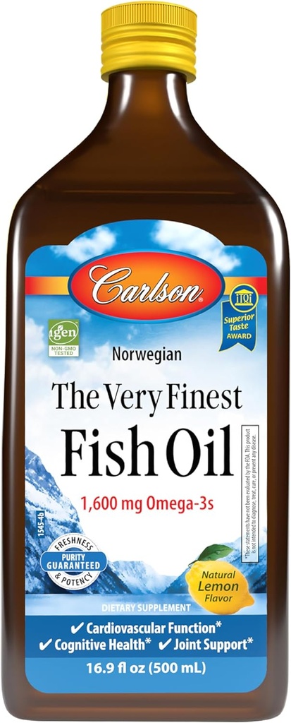 Carlson - The Very Finest Fish Oil, 1600 mg Omega- 3s, Liquid Supplement, Norwegian, Wild- Fanget, Sustainable Sourced, Lemon, 16,9 Fl Oz