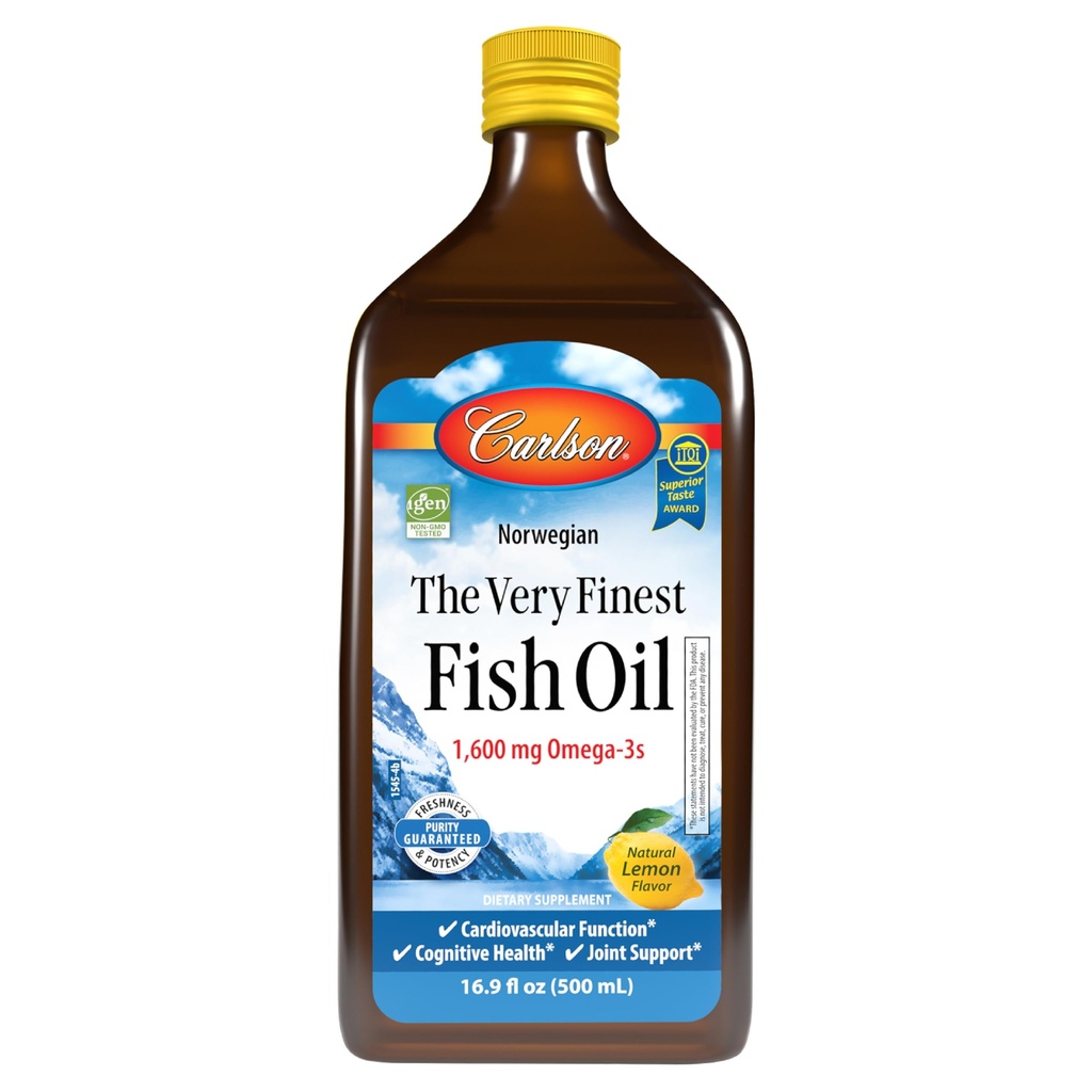 Carlson - The Very Finest Fish Oil, 1600 mg Omega- 3s, Liquid Supplement, Norwegian, Wild- Fanget, Sustainable Sourced, Lemon, 16,9 Fl Oz