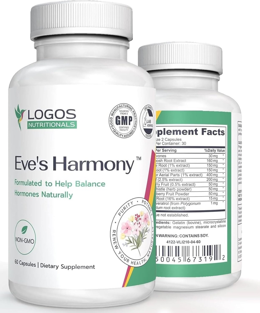 Eve 's Harmony Menopause Supplement, Hormone Support til kvinder med Soy Isoflavoner, Black Cohosh & Red Raspberry, Non- GMO Natural PMS & Menopausale Symptom Support, 60 kapsler