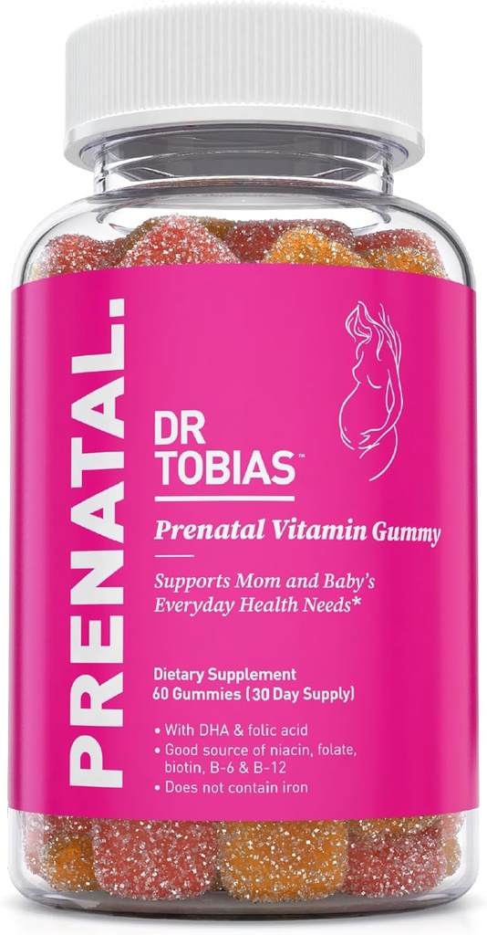 Dr. Tobias Prenatal Vitamin Gummy, Iron Free Prenatal Vitamin med DHA og folsyre, Niacin, Biotin, B6, & B12, Inkluderer Fish Oil, for Pre & Postnatal Support, 60 Gummies, 30 Servere