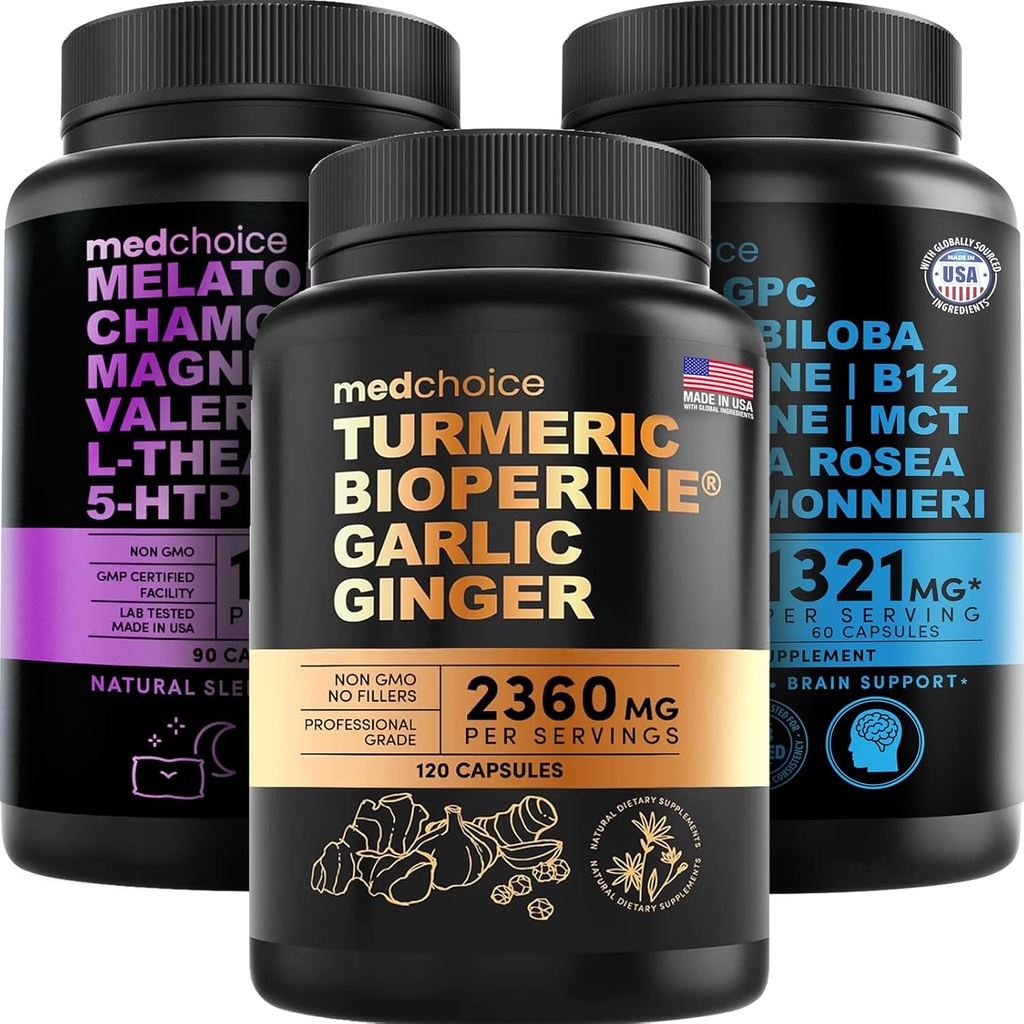 MEDCHOICE Gurkemeje & Ingefær (120ct), Sleep Melatonin (90ct), og Nootrope Brain (60ct) Supplement Bundle - Wellness Trio for Brain, Sleep, & immunforsvar - Vegan, Non- GMO, Gluten- Free
