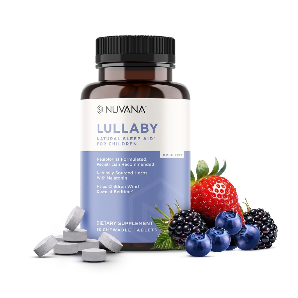 Lullaby Mex124; Gentle Kids Natural Sleep Aid Mex124; Pediatrician Anbefalet 124; Lækker lav dosis Melatonin & Non- Habit Forming Mixed Berry Chewable Tablets Mex124; med Kamille, Magnesium for Kids 3 +