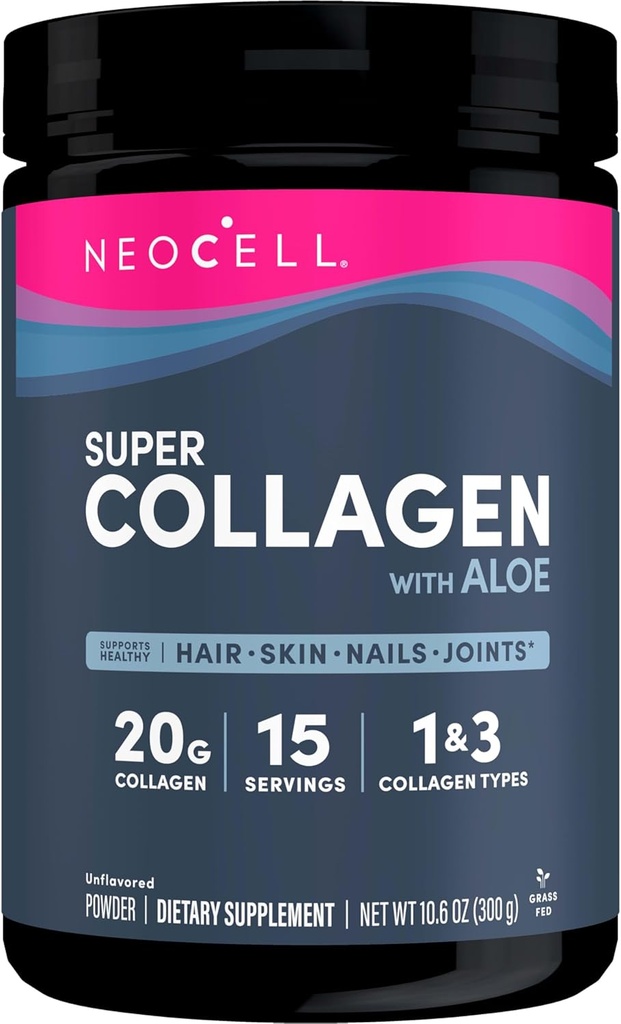 Neocell Super Collagen med Aloe; Collagen type 1 og 3; understøtter sundt hår, hud og negle; Gluten fri; Unflavored Powder; 10 g Collagen / Servering; 30 Serveringer; 10.6 Oz, *