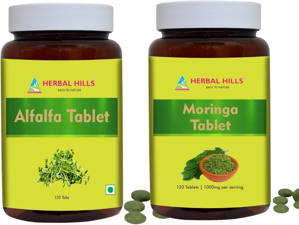 HERBAL HILLS Alfalfa Tablet og Moringa Leaf Tablet Pakning med 2 Combo