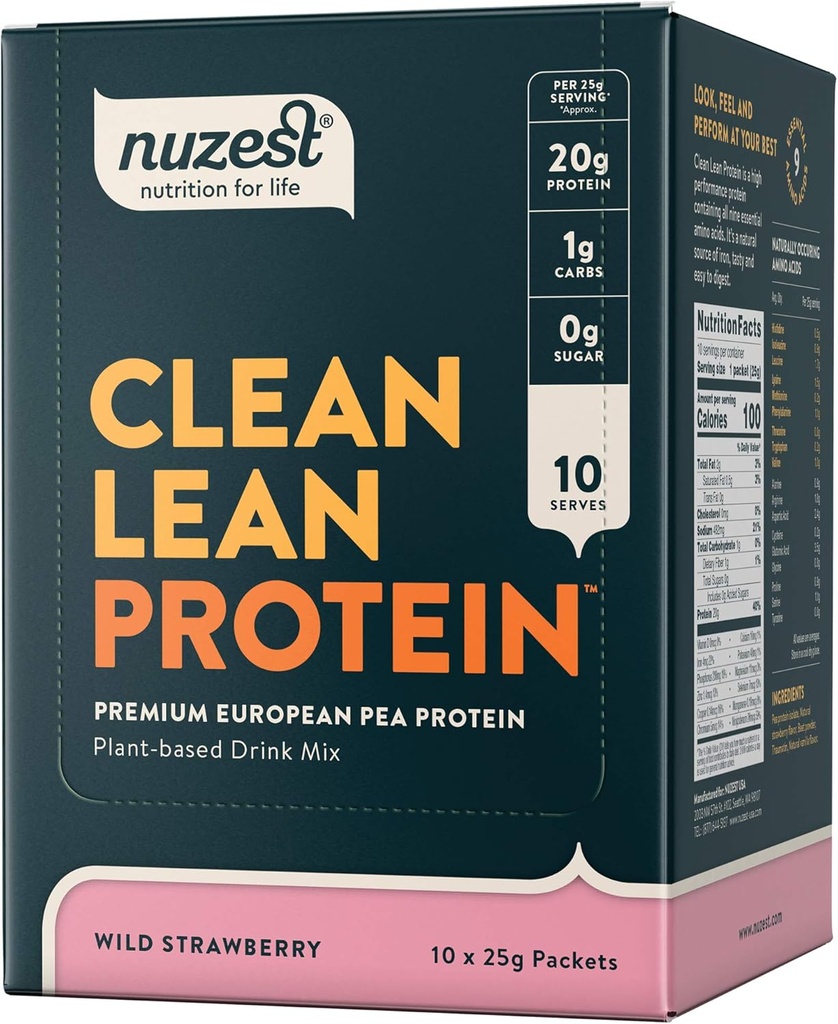 Nuzest - Pea Protein Powder - Clean Lean Protein, Premium Vegan Plant Protein Powder, Dairy Free, Gluten Free, GMO Free, Protein Shake, Wild Strawberry, 0.9 oz, (Pack of 10)