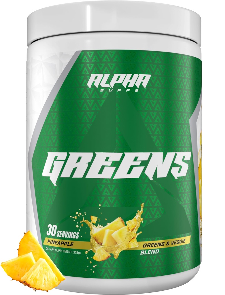 Alpha supps - Alpha grønne tillæg minus 124; Frugt & Vegetabilsk superfood pulver ekskl. 124; Over 40 naturlige plante baserede ingredienser ekskl. 124; Prebiotic & Probiotic fordøjelsesfremmende Support Blend - 30 Serveringer (Ananas)