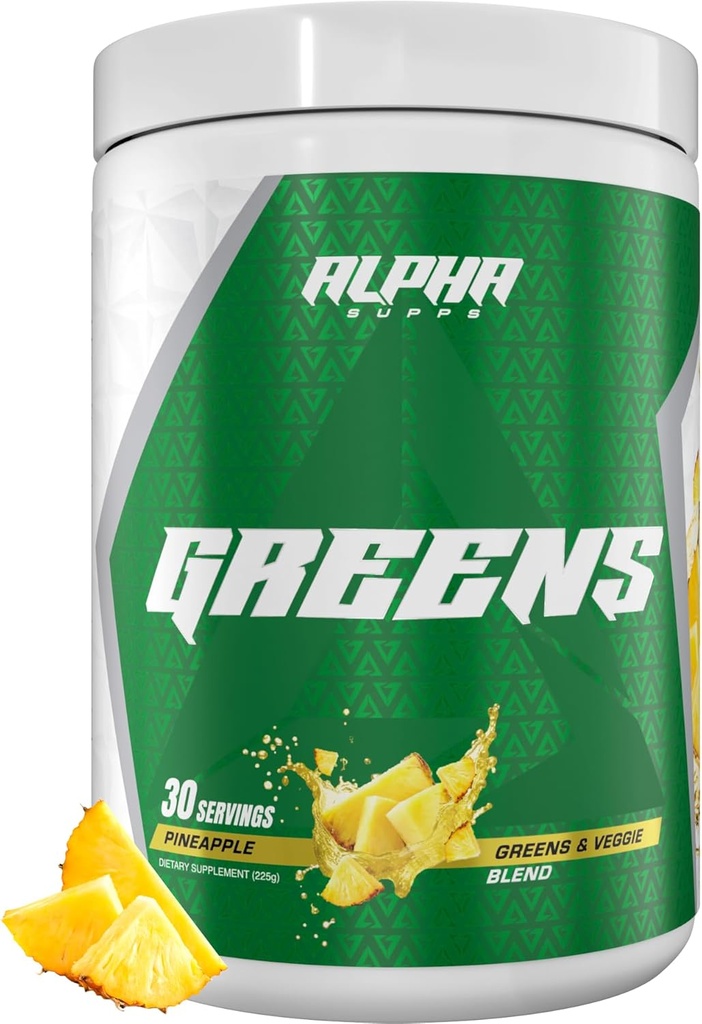 Alpha supps - Alpha grønne tillæg minus 124; Frugt & Vegetabilsk superfood pulver ekskl. 124; Over 40 naturlige plante baserede ingredienser ekskl. 124; Prebiotic & Probiotic fordøjelsesfremmende Support Blend - 30 Serveringer (Ananas)