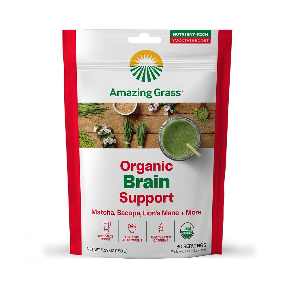 Amazing Grass Matcha Powder for Brain Support & Energy - Grøn Tea Blend med Lions Mane og superfood - Plantbaserede, ingen sukker, Smoothie eller Latte Mix for Focus - 30 Serveringer