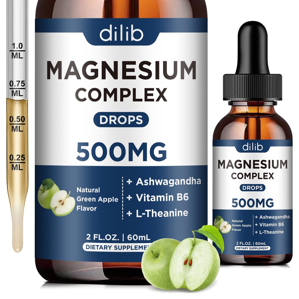 Triple Magnesium Complex Supplement- Magnesium Glycinate, Citrate, Malate Liquid Drops 500mg med Ashwagandha, L- Theanine, B6 for rolig, Stress Relief, Søvn, Muscle Support- Green Apple Flavor