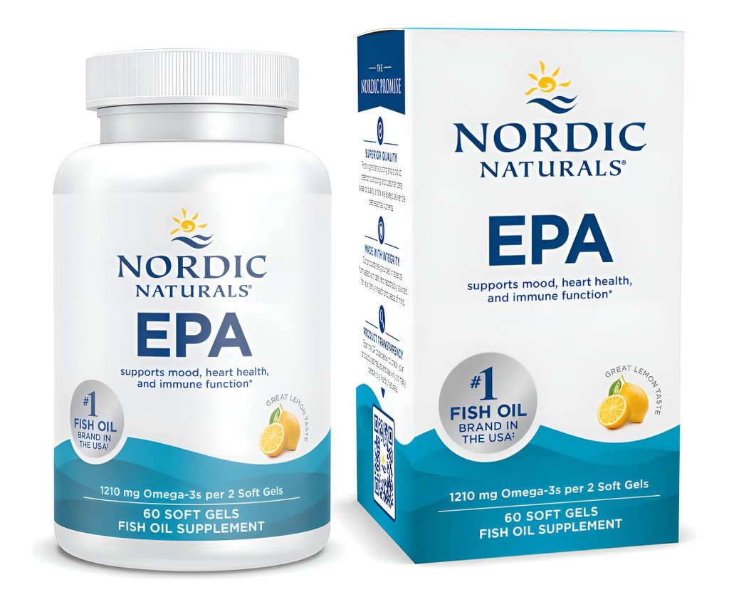 Nordic Naturals EPA, Lemon - 60 Soft Gels - 1210 mg Omega-3 - Højeste Intensity EPA Formel for positiv mood, Heart Health & Sund Immunitet - 30 Serveringer