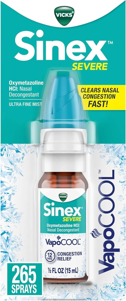 Vicks Sinex SEVERE Nasal Spray med VapoCOOL, Lindrende Vicks Vapers, Decongestant Medicin, Relief fra Stuffy Næse på grund af kold eller Allergi, & Nasal Congestion, Sinus Pressure Relief, 265 sprays