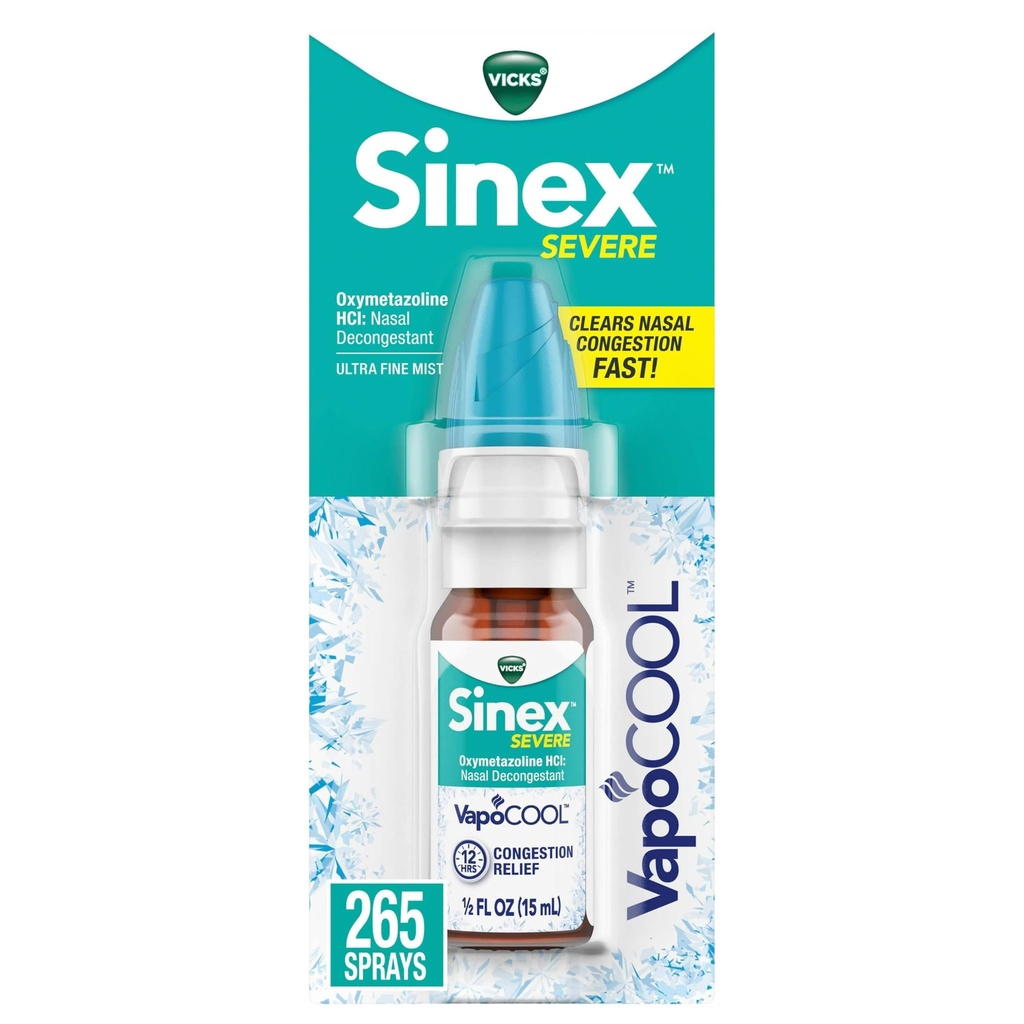 Vicks Sinex SEVERE Nasal Spray med VapoCOOL, Lindrende Vicks Vapers, Decongestant Medicin, Relief fra Stuffy Næse på grund af kold eller Allergi, & Nasal Congestion, Sinus Pressure Relief, 265 sprays