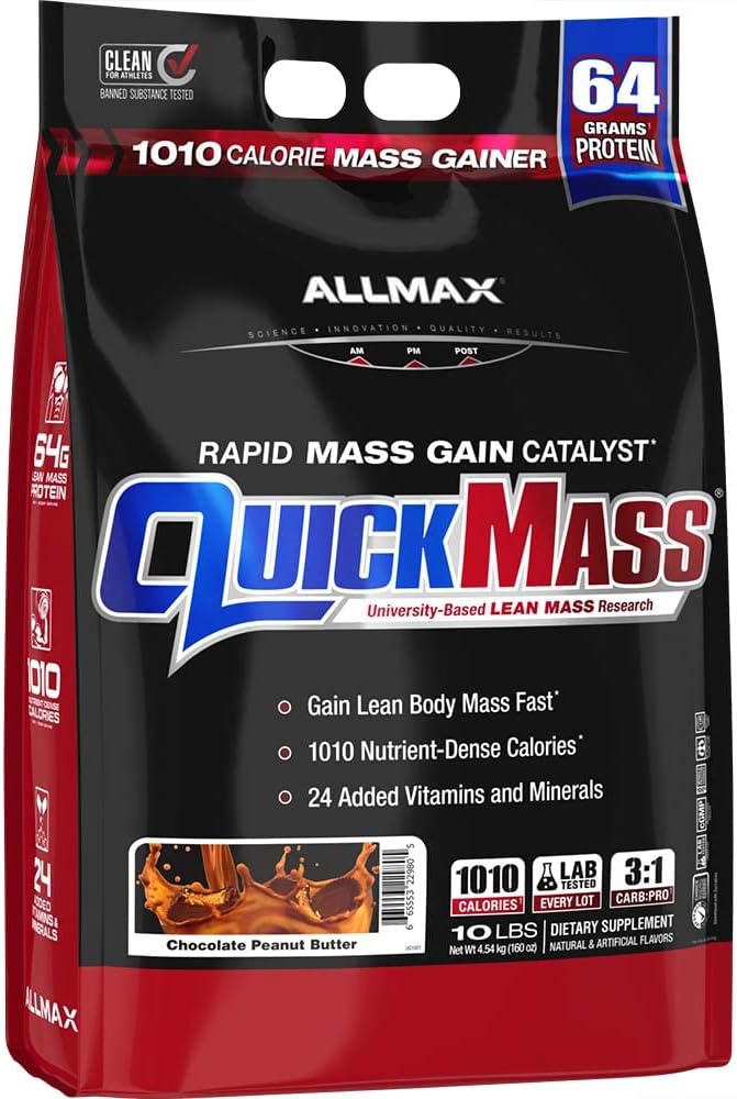 ALLMAX QUICKMASS, Cookies & Cream - 10 LB - Rapid Mass Gain Catalyst - Op til 64 Gram Protein Per Servering - 3: 1 Carb til Protein Ratio - Zero Trans Fat - Op til 70 Servere