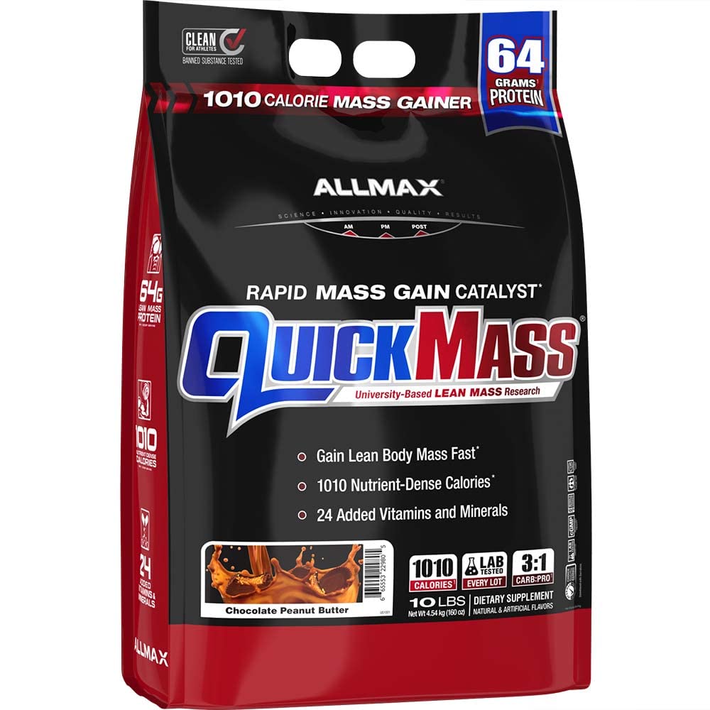 ALLMAX QUICKMASS, Cookies & Cream - 10 LB - Rapid Mass Gain Catalyst - Op til 64 Gram Protein Per Servering - 3: 1 Carb til Protein Ratio - Zero Trans Fat - Op til 70 Servere
