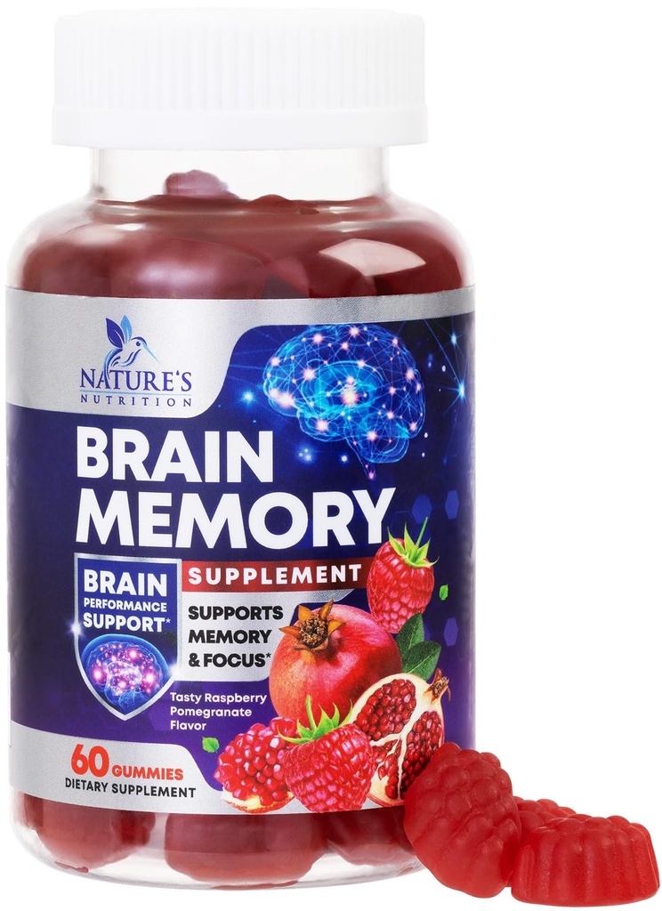 Hjernetilskud til Memory & Focus Gummies - Brain Health Clarity med B6 B12 & Phosphatidylserin - Natural Nootropics Kognitiv koncentration & Alerness Support Vitaminer - 60 Vegansk Gummies