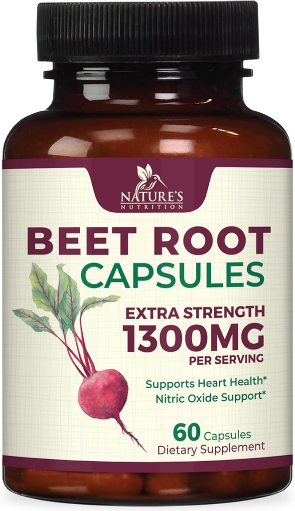 Beet Root Capsules 1300mg - Extra Strength Red Beetroot Powder Supplement - Understøtter nitrogenoxid produktion, hjerte sundhed & naturlig energi - non-GMO, Vegan, Gluten Free - 60 Veggie Capsules