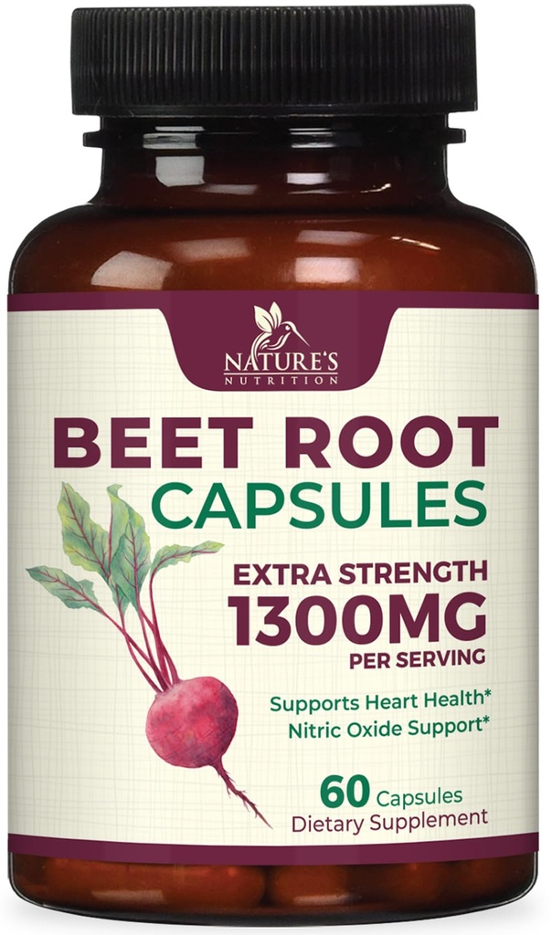 Beet Root Capsules 1300mg - Extra Strength Red Beetroot Powder Supplement - Understøtter nitrogenoxid produktion, hjerte sundhed & naturlig energi - non-GMO, Vegan, Gluten Free - 60 Veggie Capsules