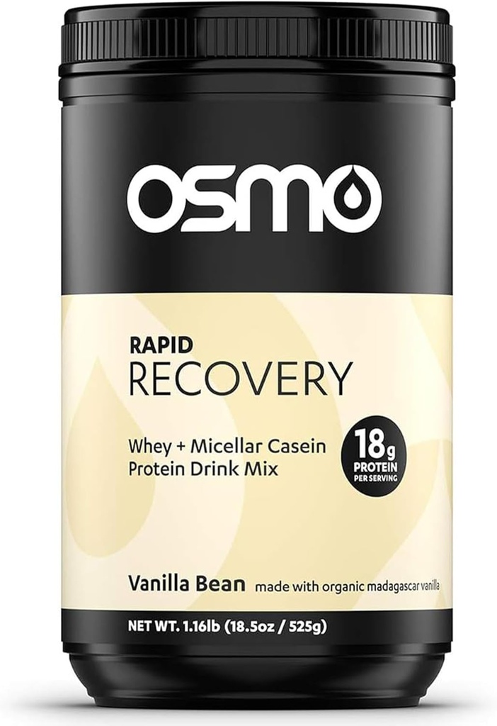 Osmo Nutrition Rapid Recovery Mix 124; Whey isolere & Micellar Casein pulveriseret drik 124; Accelererer Glycogen Restaurering Measures 124; Aktiverer Muskel Reparation Measurement 124; Vanilla Measurement 124; Alle naturlige ingredienser Measurement 124; 14 Servering