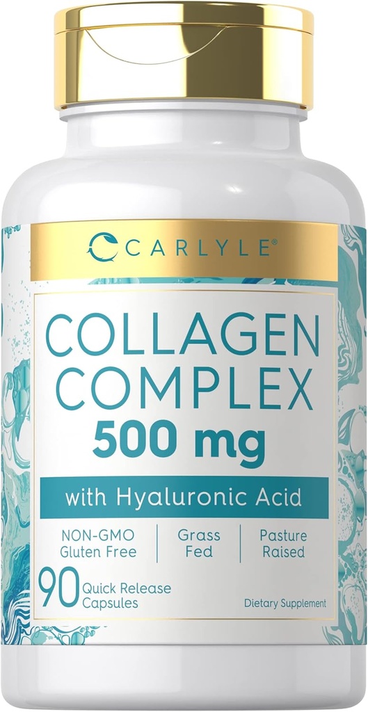 Carlyle collagen piller med Hyaluronsyre 500mg • 124; 90 Kapsler • 124; Hydrolyzed collagen Supplement • 124; Non- GMO, Gluten Free