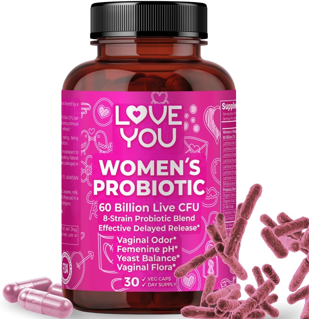 Love You Womens Probiotic, Ph Balance, Ut, Feminin, Vaginal Health Supplement, fordøjelsesfremmende, Pre + Pro + Postbiotic, Forsinket Release, 60 Millioner Live CFU, 8-Strain Probiotic Blend, 30 Veg Caps Serveringer