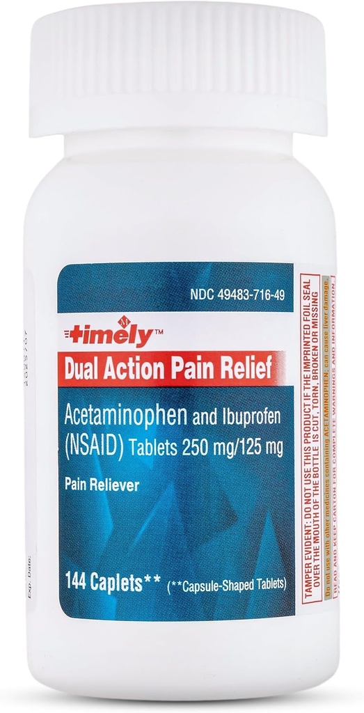 Retely Dual Action Acetaminophen 250 mg og Ibuprofen 125 mg - Generisk Smerte Reliever, Feber Reducer, Hovedpine Relief, Menstruel Smerte, Tandaske, Muskelache, Gigt Smerte Relief - 144 Tæl