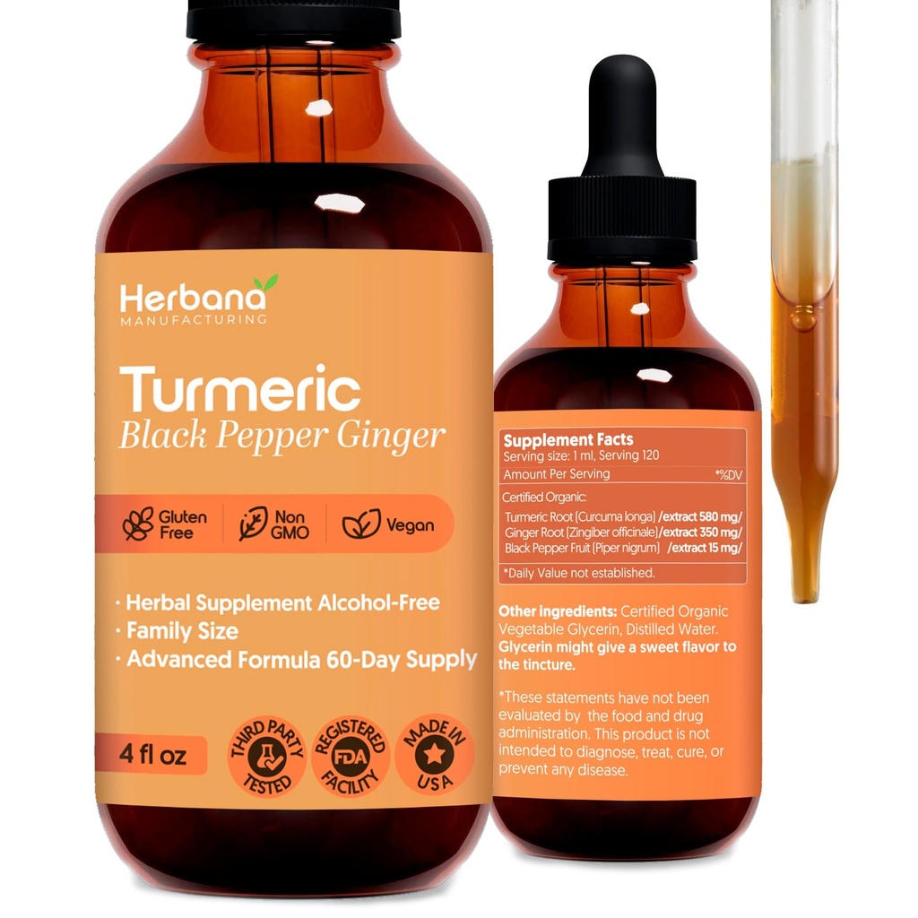 Gurkemeje 3-in-1 Flydende ekstrakt - Curcumin & Ingefær, Sort Pepper - Natural Herbal Supplement - Immun og Brain Booster Tinktur (2 FL OZ)
