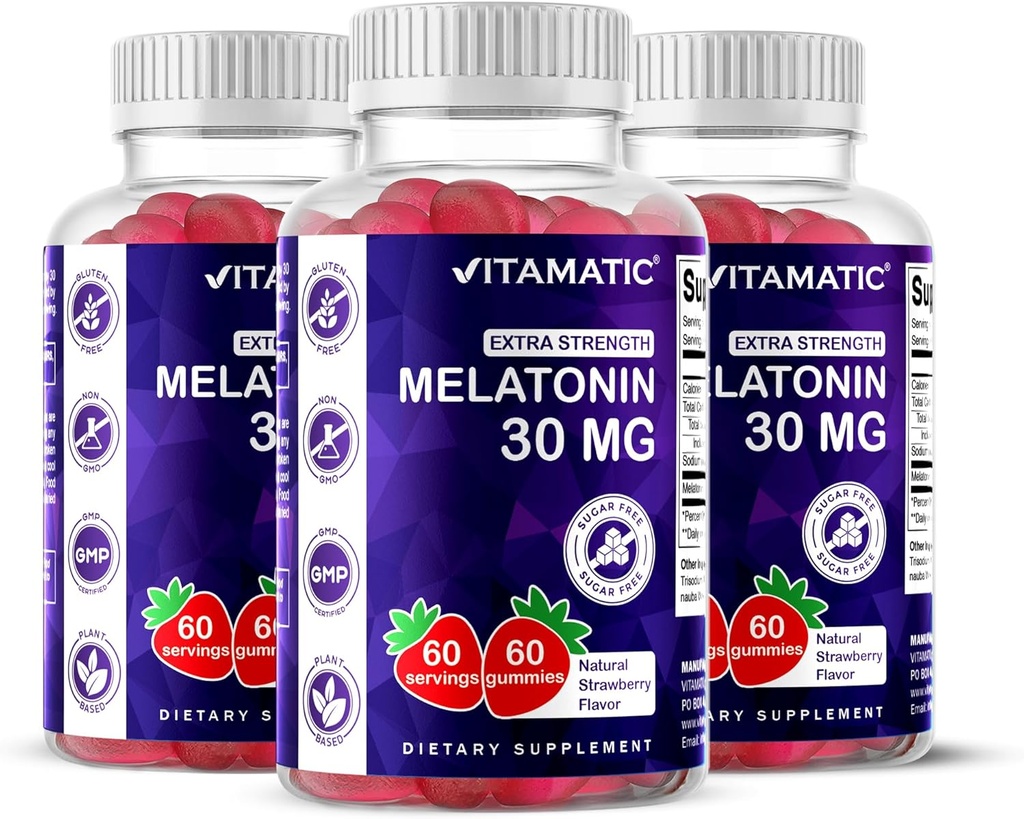 Vitamatisk sukker fri Melatonin 30mg per gummy - 60 Servering - 60 vegetariske gumier - ikke-Habit Forming Supplement (60 greve (pakke med 3))