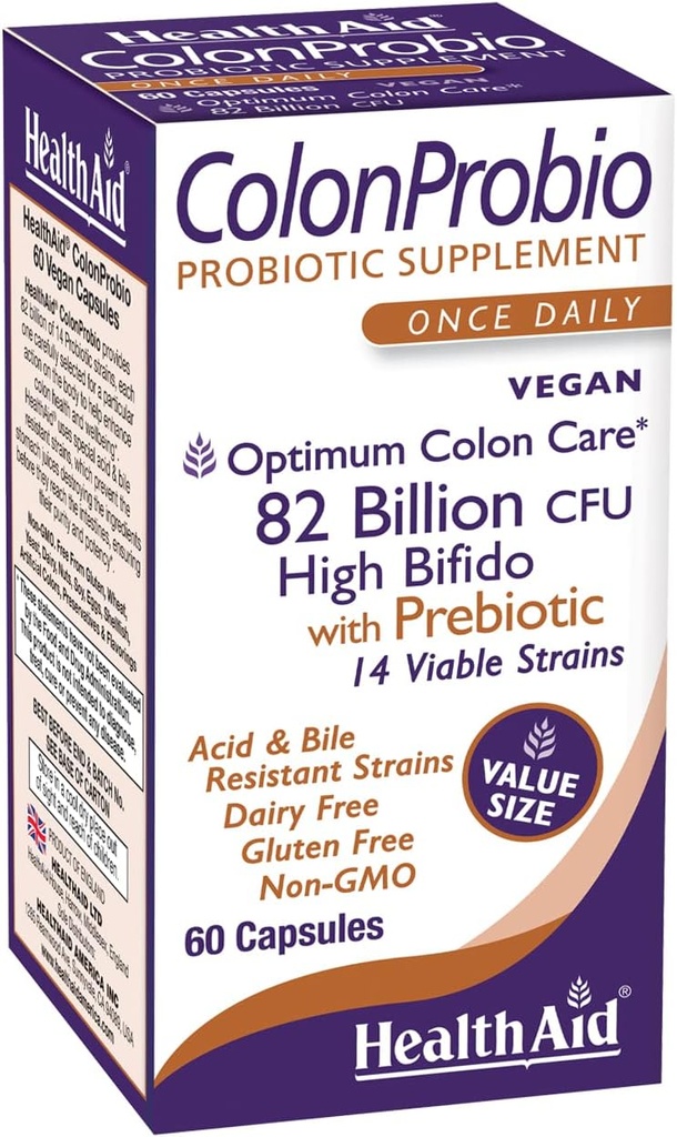 HealthAid ColonProbio 82 Millioner med Prebiotic, 14 Stammer, En gang dagligt, 60ct, Optimum Colon Care, Acid & Bile resistent, Dairy Free, Gluten Free, Non- GMO, High Bifido